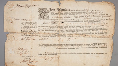 A piece of paper from 1785 showing the indenture of a child worker to Quarry Bank